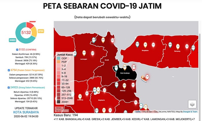 Foto: Peta Sebaran COVID-19 JATIM. Ist Peta Sebaran COVID-19 JATIM
