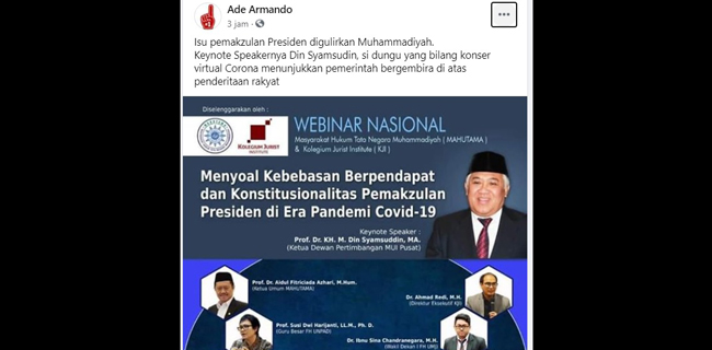 Postingan hinaan Ade Armando di Facebook terhadap Din Syamsuddin dan Muhammadiyah/Repro (Foto: Rmol.id)