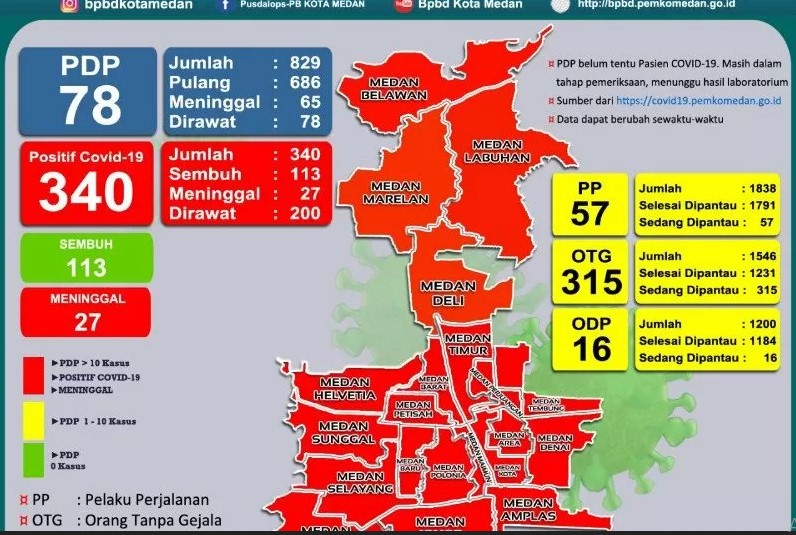 Peta sebaran zona merah COVID-19 yang dirilis Pemerintah Kota (Pemkot) Medan per Jumat (5/6/2020) di mana tercatat sebanyak 21 kecamatan atau keseluruhan kecamatan di wilayah tersebut masuk zona merah penyebaran COVID-19. (FOTO ANTARA/HO-GTTP Kota Medan)