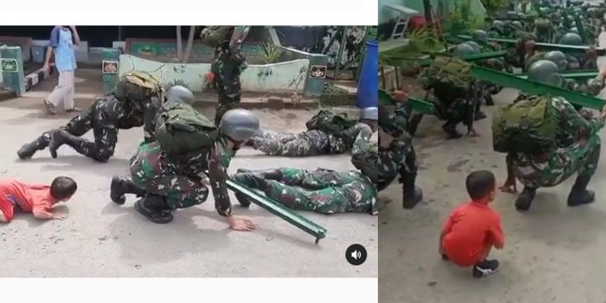 Aksi Kocak Anak Kecil ini Buat Anggota TNI yang Latihan jadi Grogi