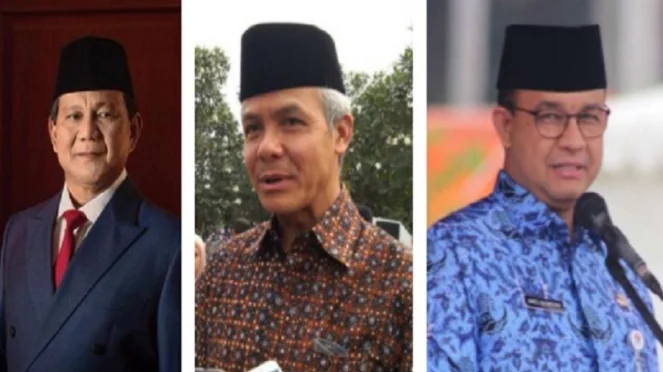 Tiga bacapres 2024 Prabowo Subianto, Ganjar Pranowo dan Anies Baswedan.
